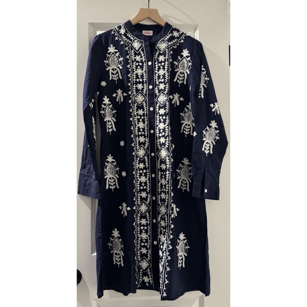 Frisqie Embroidered Cotton Tunic Dress Womens Medium Navy White Boho Long Sleeve - Picture 1 of 7